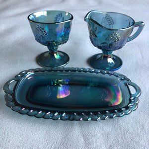 Blue Indiana Carnival Glass Cream, Sugar and Tray